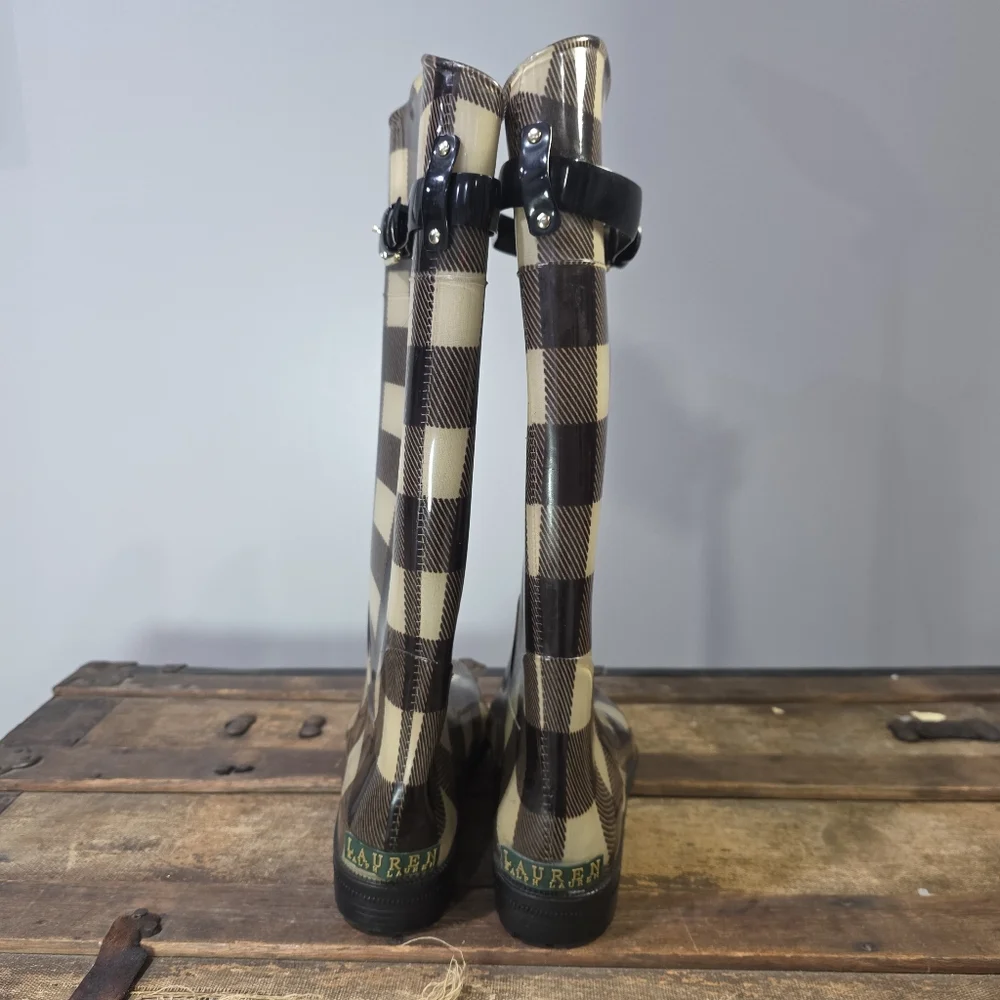 Lauren Ralph Lauren Rossalyn II Plaid Rubber Rain Boots w/Adjustable Strap. 10
